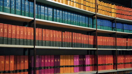 Colorful Old Books on Library Shelves. Bookshelf in a academic library