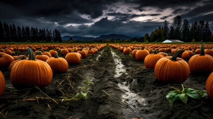 Pumpkin farm field organic non GMO at a fall autumn moody rainy weather cold
