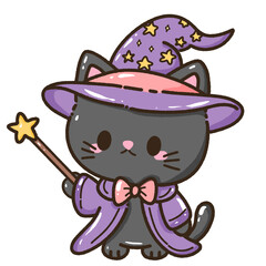 Hand drawn illustration kawaii black cat halloween themed dressed as a wtich wizard casting a spell with a magic wand