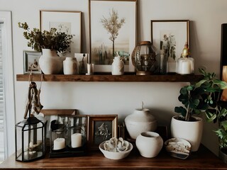 Three vases on a shelf with plants in background, a group of vases with leaves painted on them