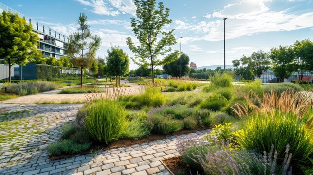 An urban area transformed into a green space with drought-resistant plants and permeable paving.