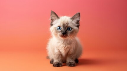 Portrait photography of a cute little Birman cat happy smiling , studio shot isolated on single color background ,editorial style, shoot by DSLR .