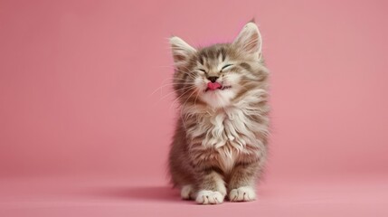 Obraz premium Portrait photography of a cute little Ragamuffin cat happy smiling , studio shot isolated on single color background ,editorial style, shoot by DSLR .