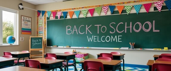Classroom Welcome, a vibrant classroom scene with a welcoming chalkboard message and decorated walls