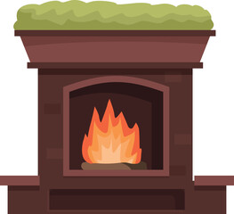 Classic brick fireplace is providing warmth with a bright burning fire