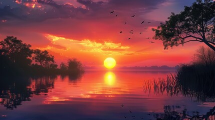 A beautiful sunset over a calm lake with silhouetted trees