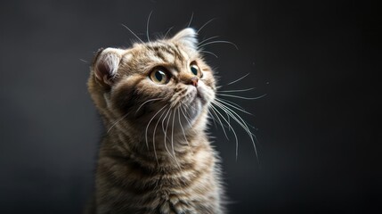 Portrait photography of a cute little Scottish Fold cat happy smiling , studio shot isolated on single color background ,editorial style, shoot by DSLR .