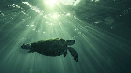 Fototapeta premium Turtle is a big plan, floating into the water, sun from the surface, sun rays, turtles in the center of the frame