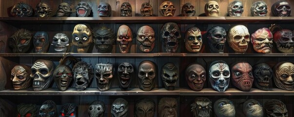 Fototapeta premium A collection of various realistic horror masks displayed on shelves. Perfect for Halloween, theater, or cosplay enthusiasts.