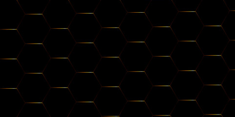 Abstract black background with hexagons . black Hexagonal Background Luxury Pattern seamless golden abstract honeycomb background 3D Futuristic abstract geometric mesh cell texture.