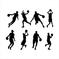 Large collection of male basketball players silhouettes, athletes runners. Basketball