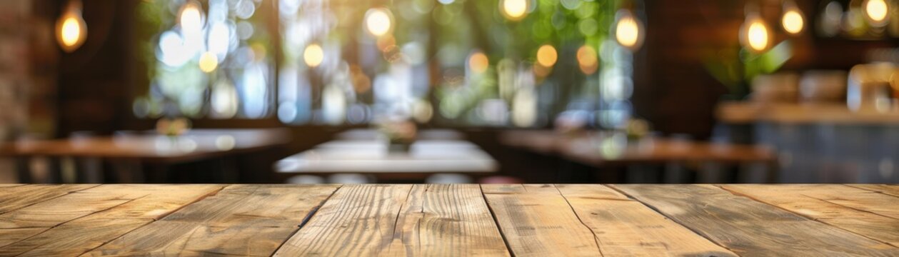Cozy restaurant interior with wooden table in focus, blurred background with warm lights and comfortable seating fostering an inviting atmosphere.