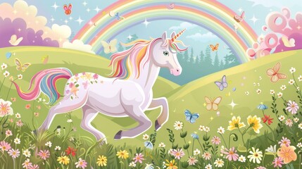 Create a whimsical vector scene featuring a unicorn prancing through a meadow filled with colorful flowers, butterflies fluttering around, and a rainbow arching overhead