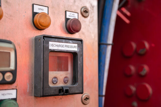 Digital control panel of water pumping unit machine, close-up at the discharge pressure display. Industrial equipment object photo close-up.