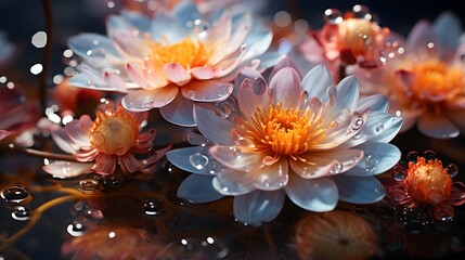 Water flowers, vibrant colors and shimmering droplets