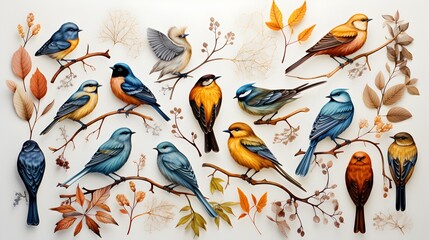 Watercolor birds, detailed illustrations with realistic feathers
