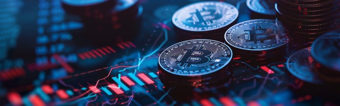 Stacks of Bitcoin coins are placed on a financial chart, symbolizing cryptocurrency trading and market analysis.