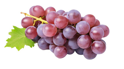 Fototapeta premium A close-up image of a bunch of ripe red grapes with a single green leaf on a white background