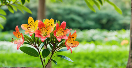 Elegance of Alstroemeria Flowers Amidst a Serene Garden Setting
