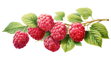 A close-up image of a branch of ripe raspberries against a white background