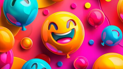 Fototapeta premium A colorful image of a smiling face surrounded by many colorful balloons. The balloons are of different sizes and colors, and the face is the main focus of the image. Scene is cheerful and playful