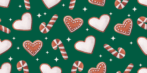 Christmas seamless pattern with traditional gingerbread candy cane and heart form cookies. Festive hand drawn watercolor illustration on green background with little four point stars