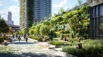 An urban plaza featuring green walls, rain gardens, and public spaces designed for community events and gatherings.