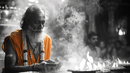 Indian Sadhu Smoking, Preparing Spiritual Puja