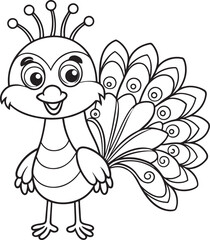 Cute Peacock Doodle Coloring Cartoon Character