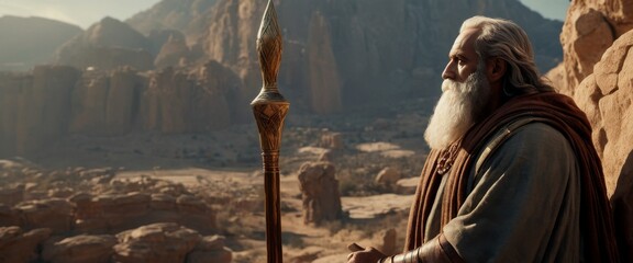 Prophet Moses Staff Painting as wise solitary figure
