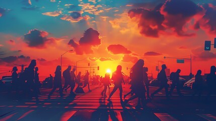 A group of people walking on a crosswalk at sunset