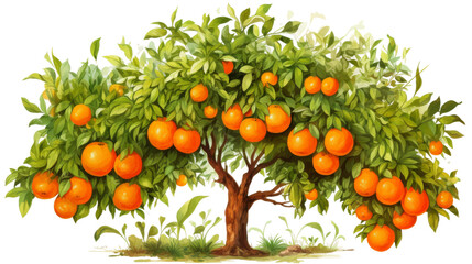 A digital illustration of a fully laden orange tree with ripe fruit and green leaves on a white background
