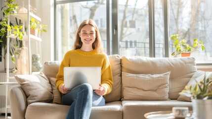 Fototapeta premium Woman in a yellow sweater with a laptop sitting on a beige sofa in a bright living room. Perfect for home, cozy, and remote work themes.