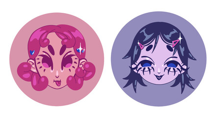 Cartoon stylized funky avatar set. Two round avatars people portraits. Modern vector concept illustration of people, user avatars, head portraits. Creative web illustration