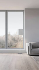 Fototapeta premium Luxury living room in minimalist style with minimal furniture: a lamp close to a window filling the room with natural lighting. Luxurious Real Estate composition with copy space.