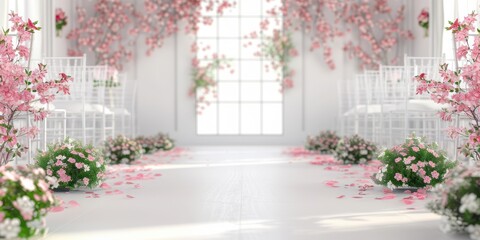 Fototapeta premium Beautiful wedding venue decorated with pink flowers and greenery, white chairs arranged neatly. Romantic ceremony concept.