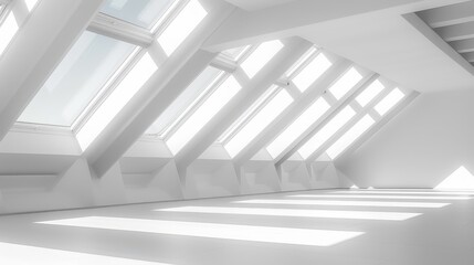 Obraz premium Minimalistic empty white room with a large skylight, clean and modern design, bright and spacious atmosphere, captured in a simple and contemporary style minimalistic