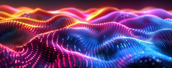 Neon dots forming wave patterns on a black background