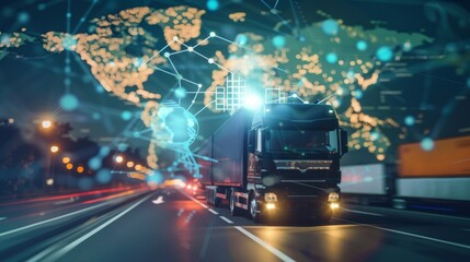 Fototapeta premium Logistics international delivery concept, World map with logistic network distribution on background.background for Concept of fast or instant shipping, Online goods orders worldwide