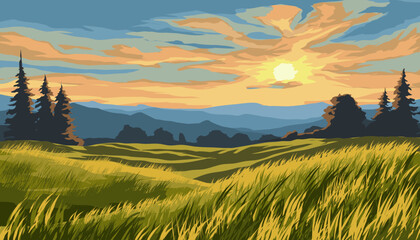 Dramatic sunset over grass field with mountains and forest