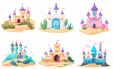 Obraz premium Illustration of colorful sandcastles with purple and pink towers on a white background. Includes six unique designs.