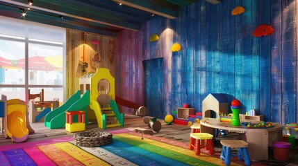 children's playroom with colorful, painted wood panels, creating a vibrant and stimulating environment