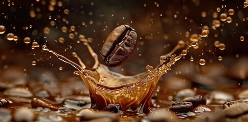 Fototapeta premium Coffee Bean Splashing Into Coffee with Water Droplets.