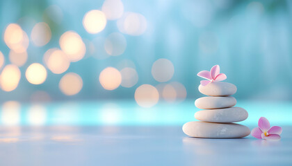 Obraz premium Balanced stones with flowers against a serene blurred background. Ideal for spa, relaxation, and meditation themes.