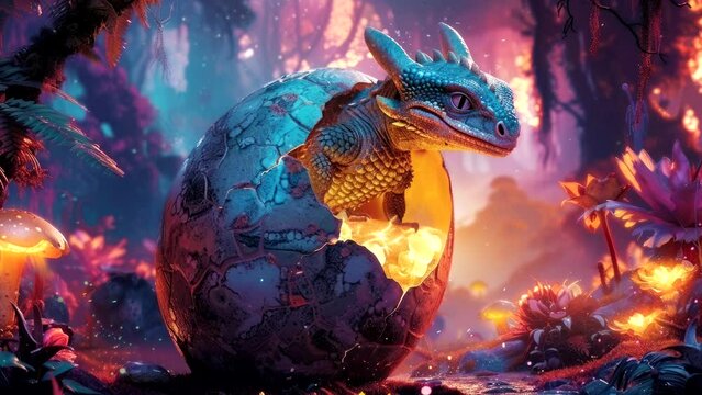 Dragon hatching from egg in magical forest, surrounded by glowing light and mystical plants. Fantasy adventure concept
