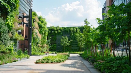 Fototapeta premium An urban plaza featuring green walls, rain gardens, and public spaces for community gatherings and events.