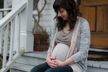Pregnant Woman Sitting on Porch Steps