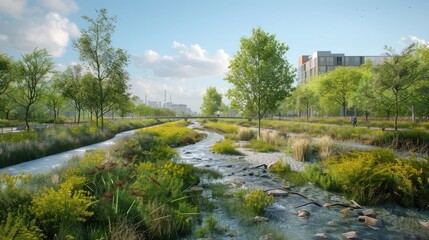 An urban riverfront revitalized with natural vegetation and floodplain restoration.