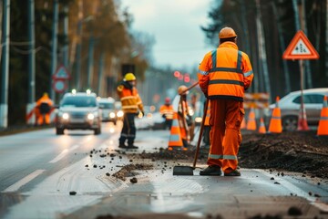 Construction Worker Sweeping Road During Street Repairs