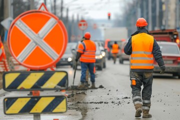 Construction Worker Walking on City Street During Road Work